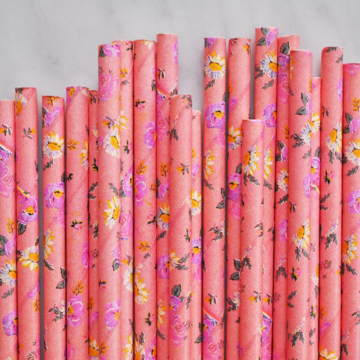 Coral Floral Dainty Paper Straws