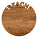 Wooden round sign with 'BEACH' cut out of the top. Handcrafted acacia wood tray with ‘BEACH’ lettering, styled with summer appetizers and coastal table accessories.
