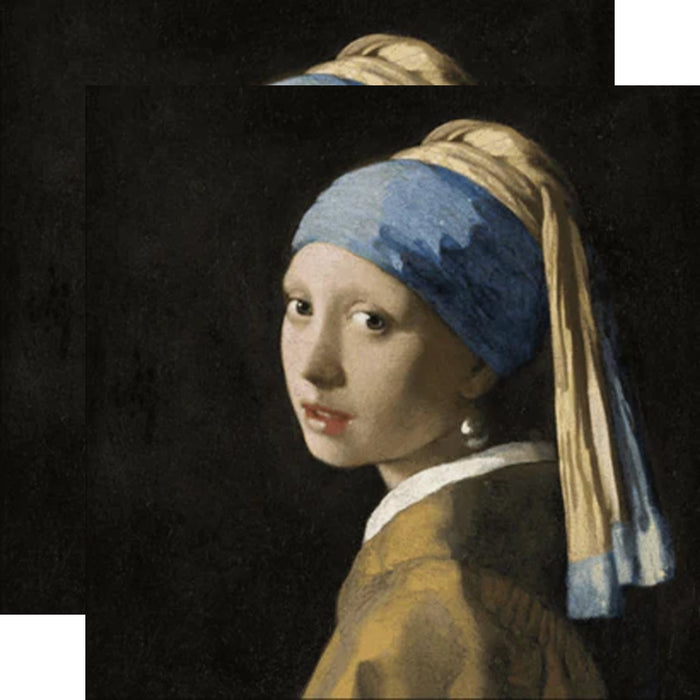 A printed paper napkin featuring a girl with a pearl earring, after the famous painting by Johannes Vermeer.G