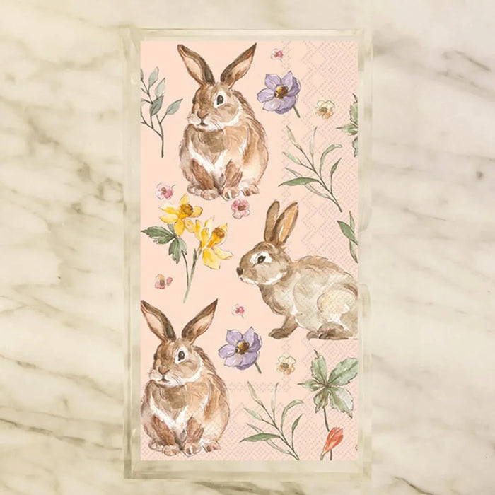 Watercolor Easter bunny guest paper towels with botanical floral design on blush pink background — perfect for Easter brunch, spring entertaining, and powder room décor