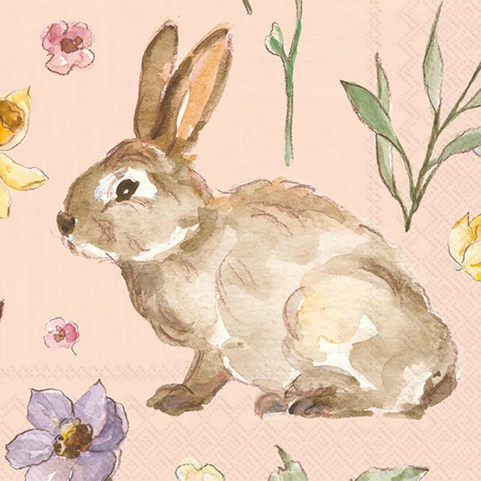 Watercolor Easter bunny luncheon paper napkins with floral botanical design on blush pink background — perfect for Easter brunch, spring entertaining, and garden parties