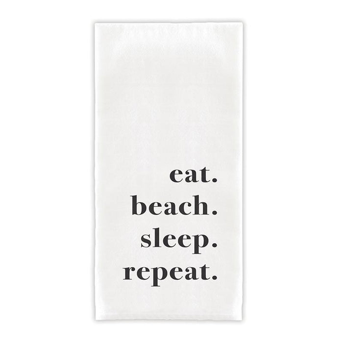 White 100% cotton hand towel with eat beach sleep repeat typography, 30 inch square