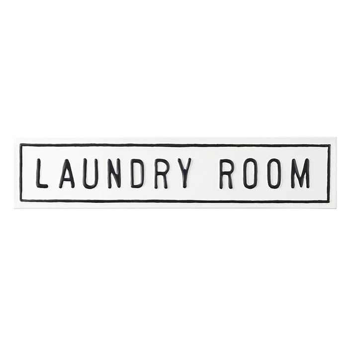 Embossed metal laundry room sign with raised lettering, 18 inches wide, black and white vintage style