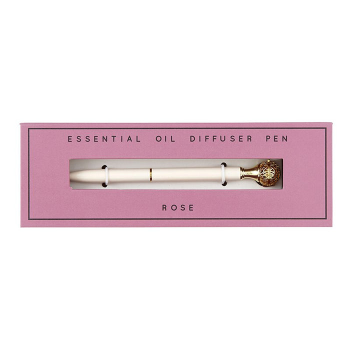 Essential oil diffuser pen with rose scent in pink packaging on a white background