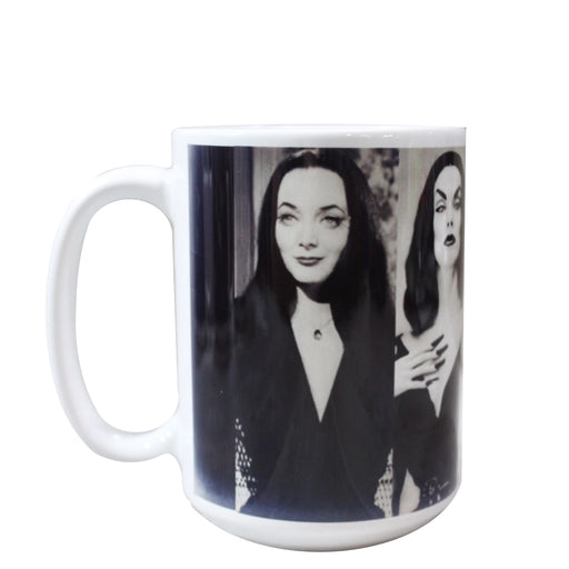 White ceramic coffee mug featuring black and white vintage Morticia Addams imagery — a bold Halloween and goth pop culture gift for horror and Addams Family fans