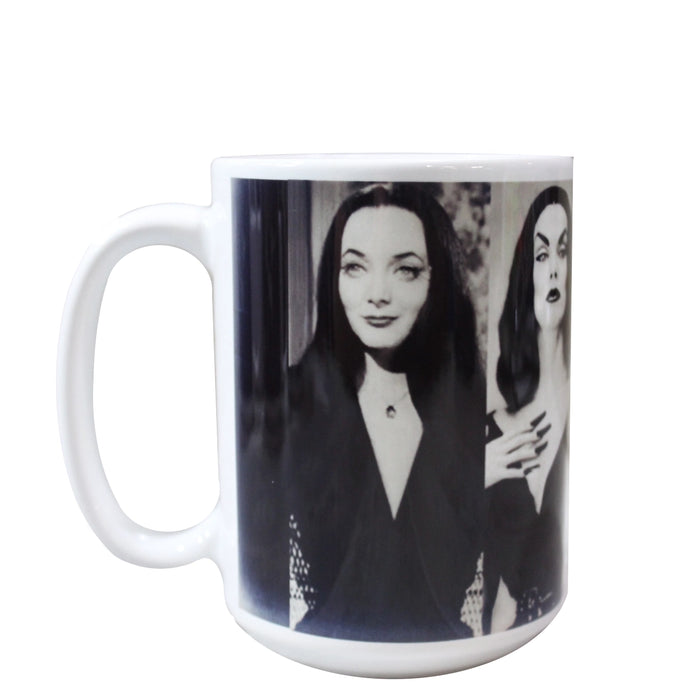 White ceramic coffee mug featuring black and white vintage Morticia Addams imagery — a bold Halloween and goth pop culture gift for horror and Addams Family fans