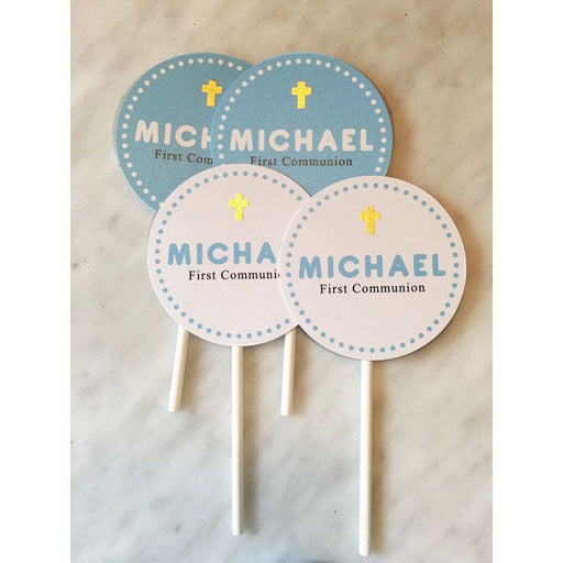Personalized First Communion cupcake toppers with name and gold cross accent, blue and white design