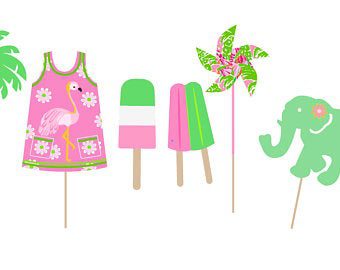 A collection of illustrated party photo props including a flamingo, an elephant, palm tree, pinwheel, and various popsicles.