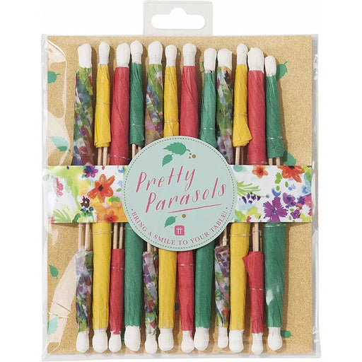 Packaged set of colorful parasols with 'Pretty Parasols' branding on a floral background.