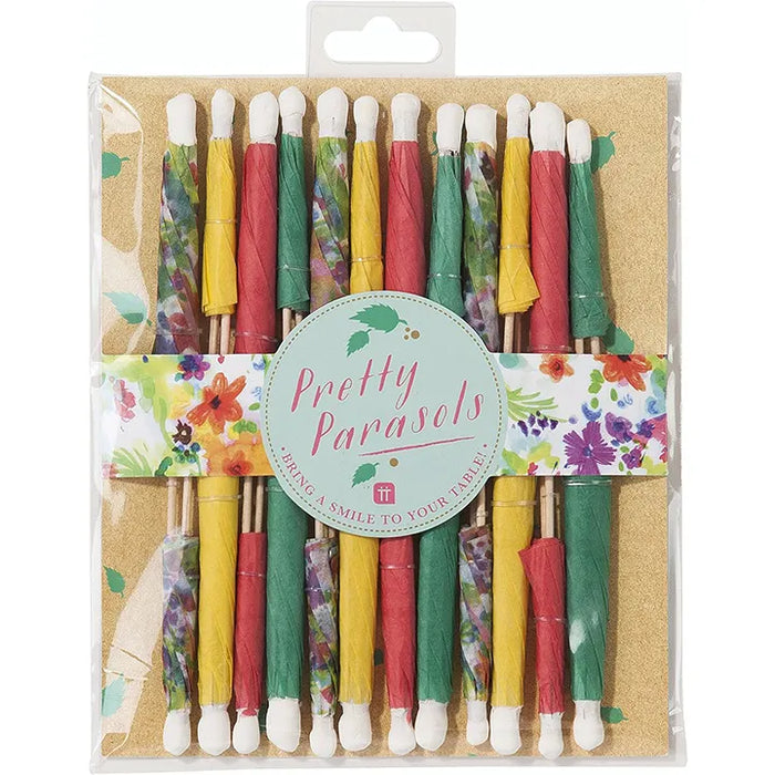 Packaged set of colorful parasols with 'Pretty Parasols' branding on a floral background.