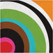 A close-up of a paper napkin with a retro concentric circle pattern in orange, black, white, green, turquoise, brown, pink, and red.