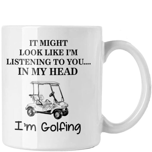Funny golf mug for men with “In my head I’m golfing” design, 11 oz ceramic coffee mug gift for dads and golf lovers.