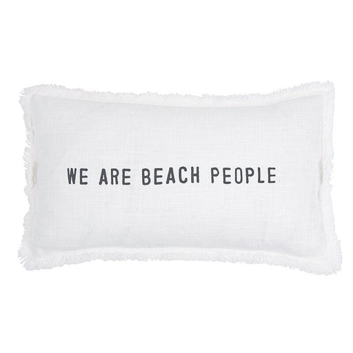A white rectangular decorative pillow with fringed edges featuring the phrase 'We Are Beach People' in charcoal grey text.