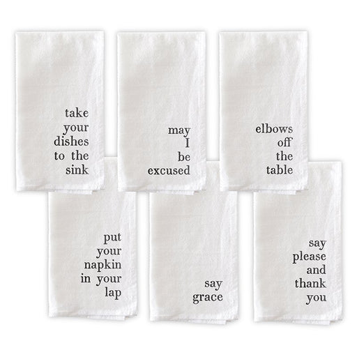 Set of six white towels with black text phrases on a white background