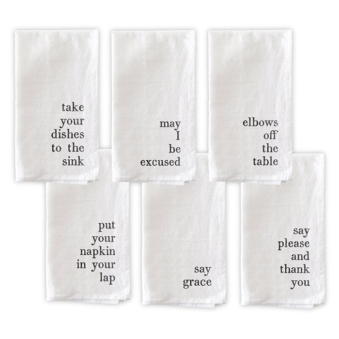 Set of six white towels with black text phrases on a white background