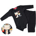 A black onesie with a patch of Geisha dolls on the front and matching black karate pants for babies.