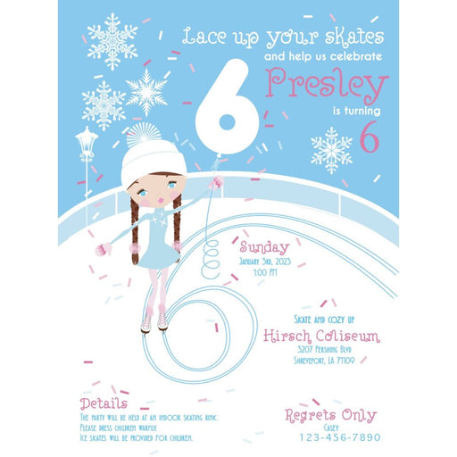 A digital invitation for an ice skating themed birthday party featuring an illustrated girl in an ice skating outfit, snowflakes, and confetti on a blue background.