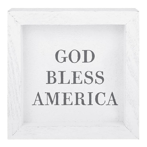 White framed sign with 'God Bless America' text on a white background