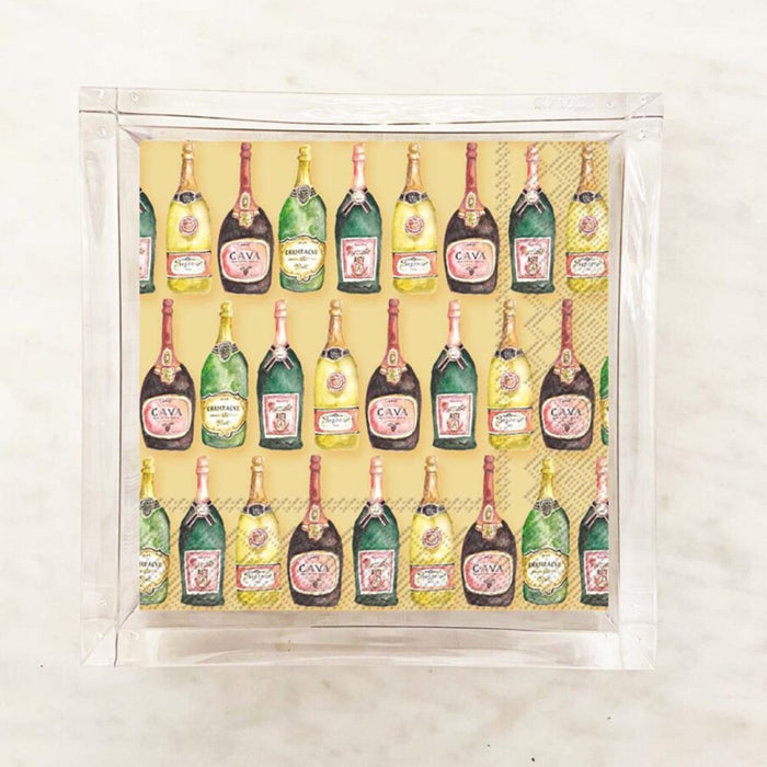Pack of cocktail paper napkins with printed champagne bottles on them, presented in a clear packaging.