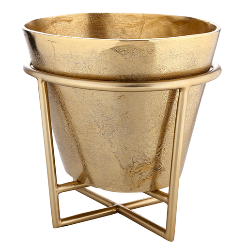 Gold metal planter with decorative stand on a white background