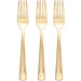 Three gold forks on a white background