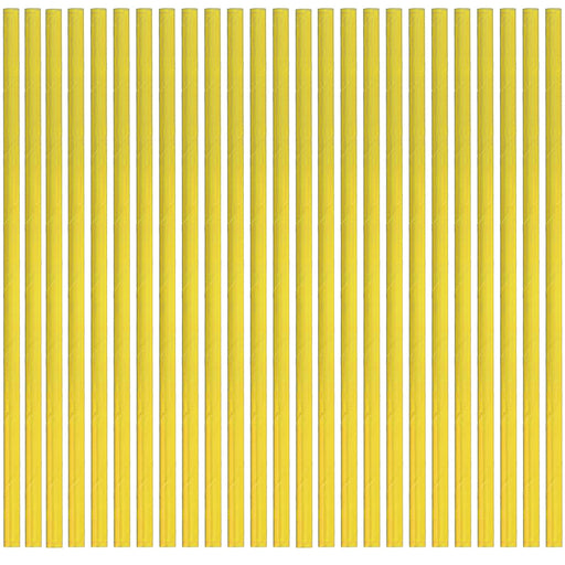 Multiple yellow straws arranged in a grid pattern on a white background