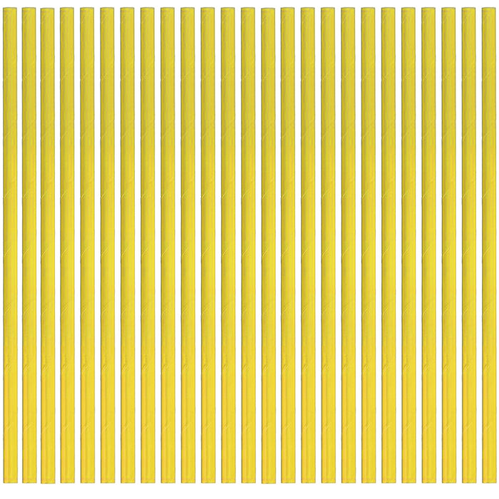 Multiple yellow straws arranged in a grid pattern on a white background