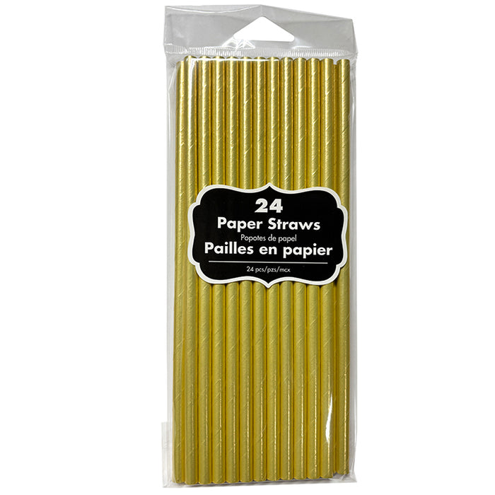 Pack of gold paper straws with a clear plastic wrap on a white background