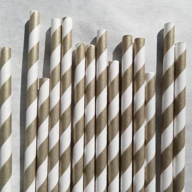 Gold and White Striped Paper Straws 