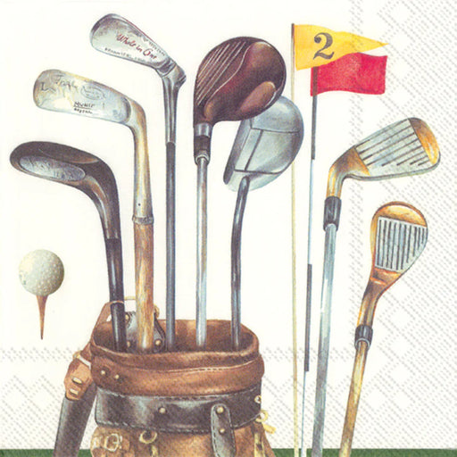 Collection of vintage golf clubs in a bag with a golf ball and flag on a white background paper napkin
