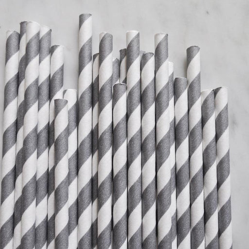 Grey Retro Barber Striped Paper Straws Set