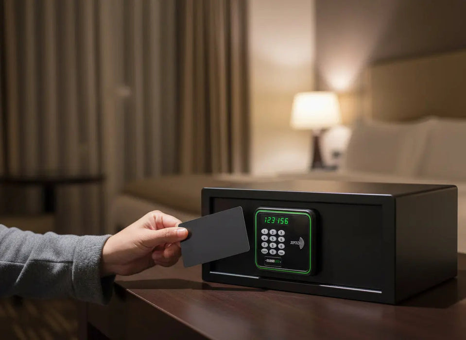 Person inserting a key card into a digital safe box in a room with a bed and lamp in the background.