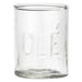 Clear glass jar with embossed design on a white background