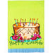 Green cotton dish towel with illustrated birthday cake and floral design, Happy Birthday script, 18 x 25 inch