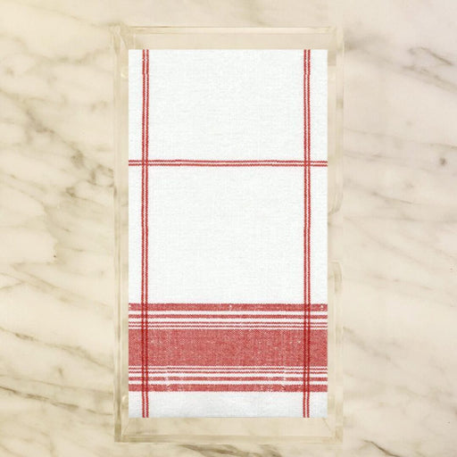 red and white plaid guest paper towels with linen texture displayed in a clear holder, airlaid napkins with cloth-like feel for entertaining