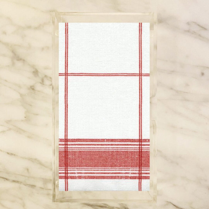 red and white plaid guest paper towels with linen texture displayed in a clear holder, airlaid napkins with cloth-like feel for entertaining