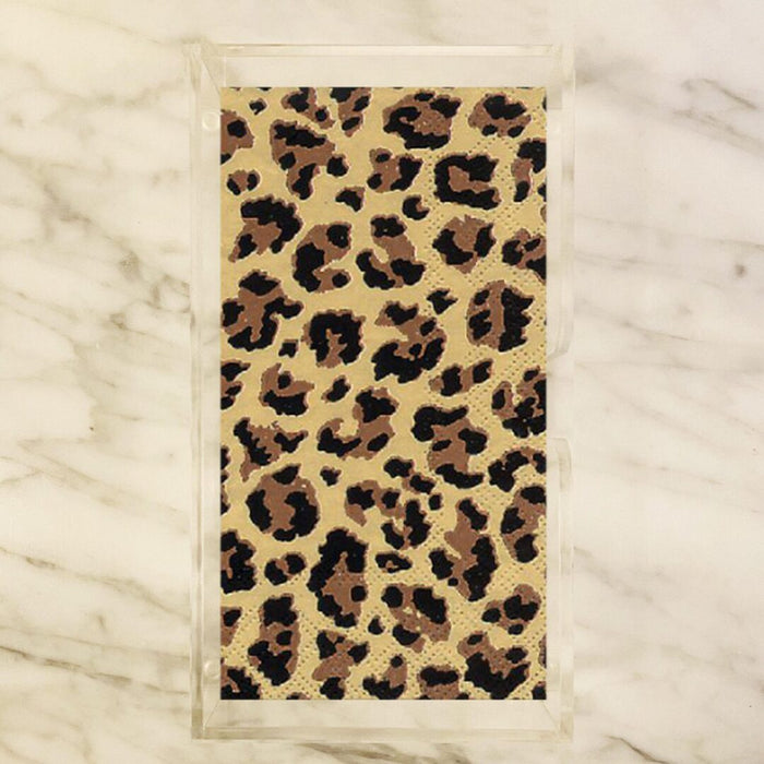 Leopard print guest paper napkins featuring a bold animal print design with dark brown and black spots on a beige background, perfect for buffets, parties, and events