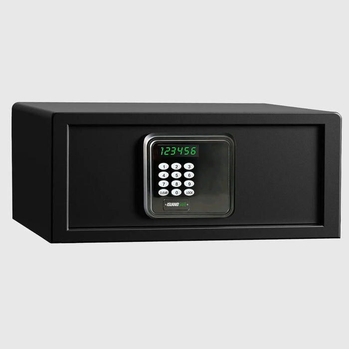 Black safe box with digital keypad on a light gray background