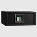 Black safe box with digital keypad on a light gray background