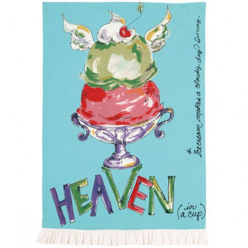 Ice Cream Heaven illustrated cotton dish towel, teal with colorful ice cream sundae design, 18 x 25 inch