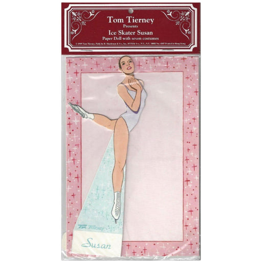 Vintage Tom Tierney 'Ice Skater Susan' paper doll package, featuring a paper cutout of a figure skater in a white leotard and light blue skirt, packaged in clear plastic with a red header card.