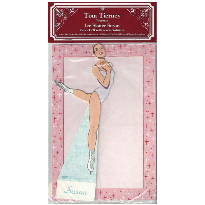 Vintage Tom Tierney 'Ice Skater Susan' paper doll package, featuring a paper cutout of a figure skater in a white leotard and light blue skirt, packaged in clear plastic with a red header card.