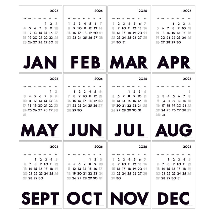 Calendar for 2026 with months labeled