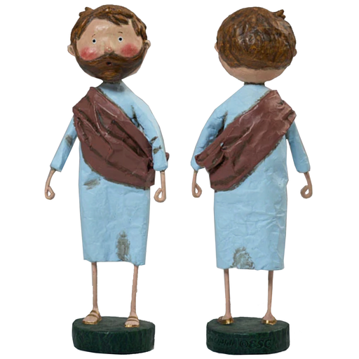 Figurine of a man with a brown sash and blue garment, shown from front and back on a white background.
