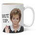 Mug with a graphic of a woman and text 'SHUT UP.' on a white background
