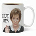 Mug with a judge and text 'SHUT UP.' on a white background