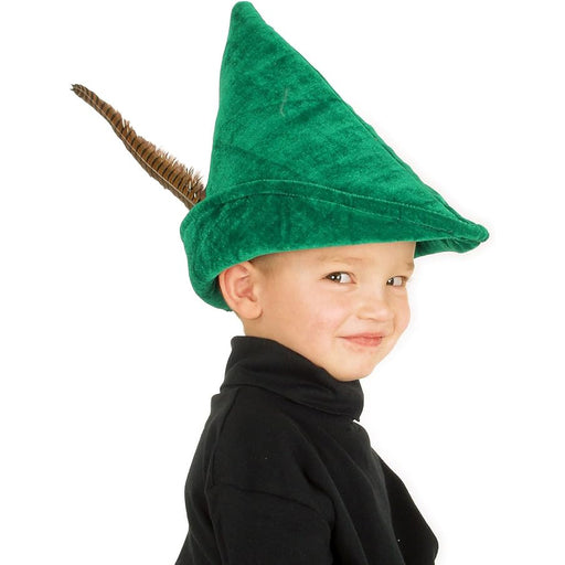 Child wearing a green Kid's Peter Pan Hat with a feather on a white background
