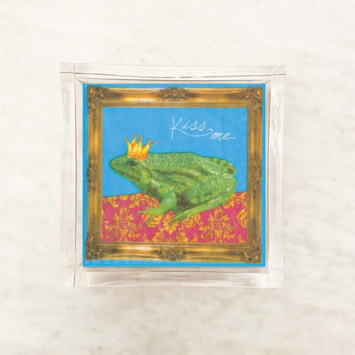 Kiss Me Frog Cocktail Napkin featuring a crowned frog design on a blue background