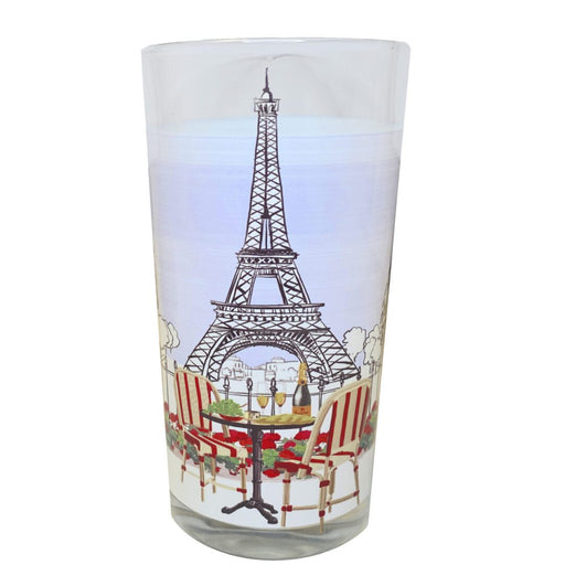 La Vie Parisienne Drinking Glass — single glass tumbler with Eiffel Tower and Paris cafe terrace illustration