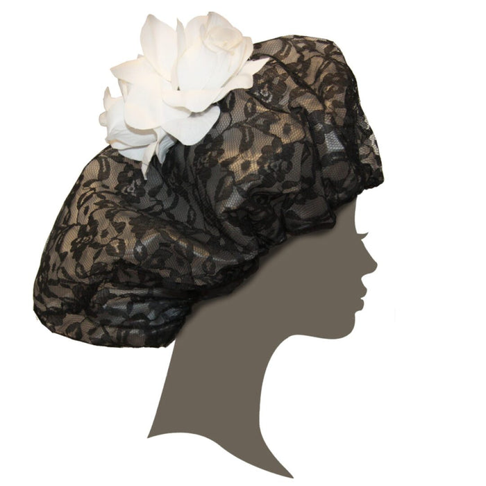 Glamorous White Roses Black Lace Shower Cap